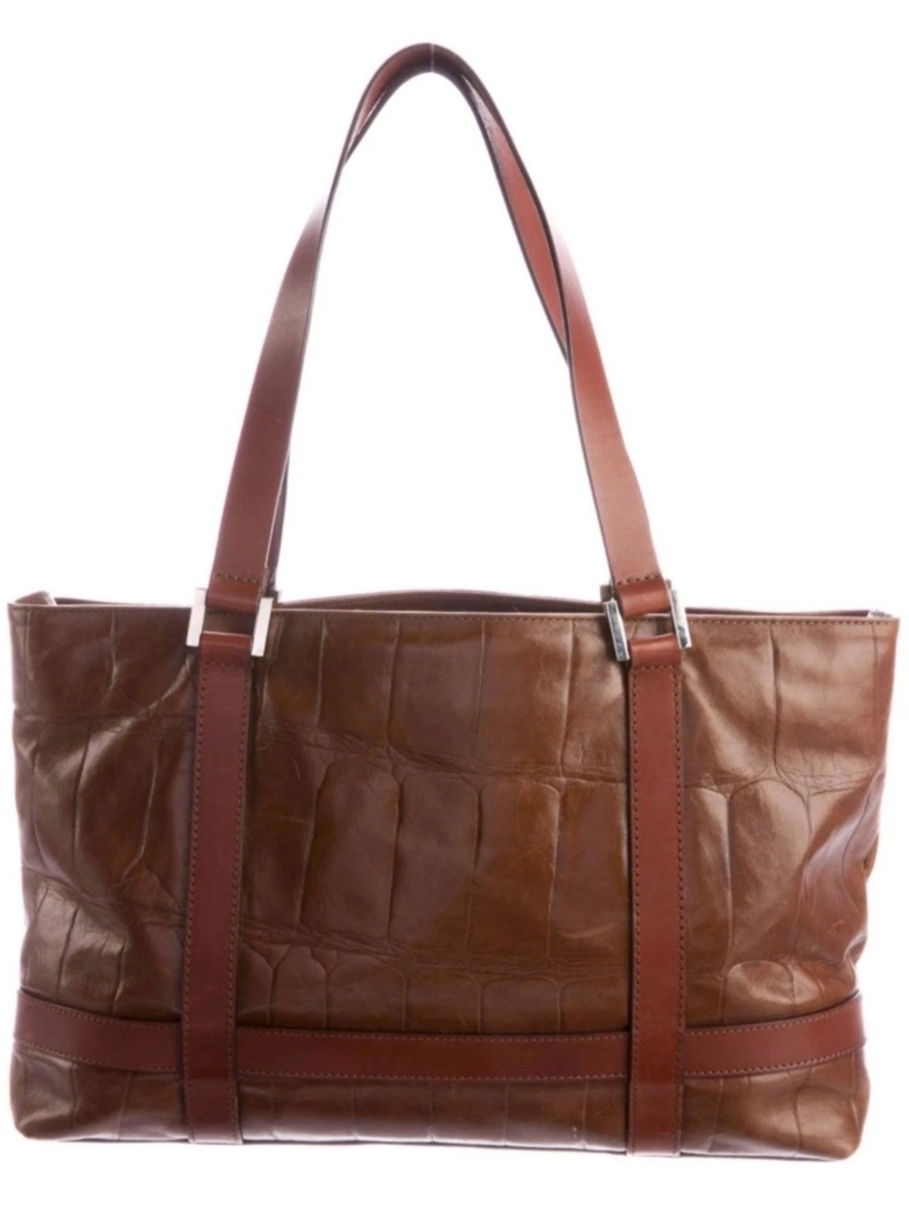 Falor Le Borse Brown Croc Cognac Brown Leather Tote Shoulder Bag Purse Italy